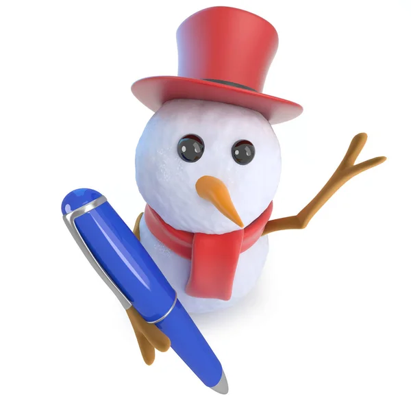 3d lustige Cartoon-Winter-Schneemann-Figur hält einen Stift — Stockfoto