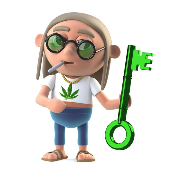 3D hippie Stoner houden een groene metallic sleutel — Stockfoto