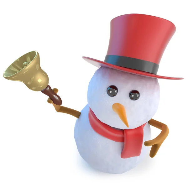 3D αστείο χιονάνθρωπος καρτούν σε κορυφαίο καπέλο χτυπάει ένα εποχιακό χριστουγεννιάτικο κουδούνι — Φωτογραφία Αρχείου