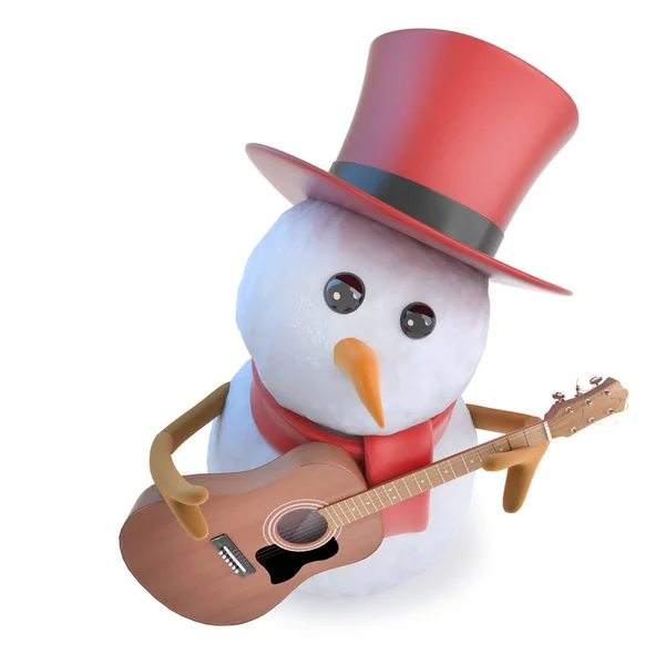 3D lustiger Cartoon-Schneemann mit Zylinder und Akustikgitarre — Stockfoto