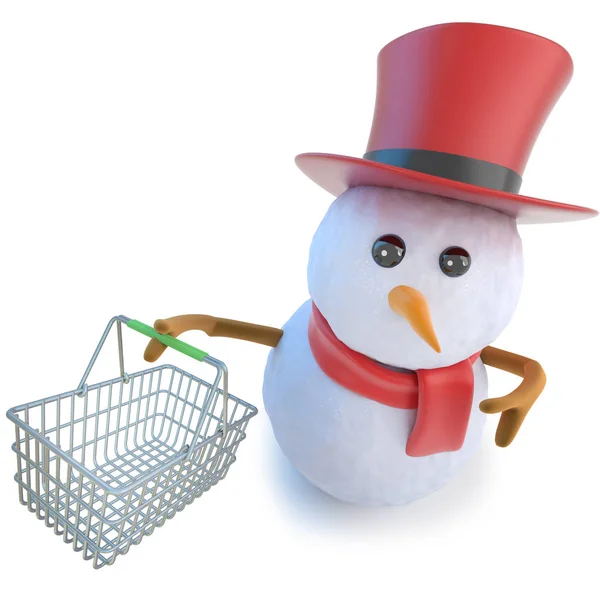 3d Смешной мультяшный снеговик в цилиндре держит корзину покупок — стоковое фото