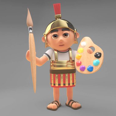 Boya fırçası ve paleti ile sanatsal Roma Centurion asker, 3D illüstrasyon