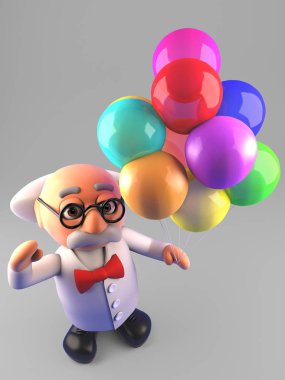 Parti balonlar, 3D illüstrasyon ile deli bilim adamı Profesör kutluyor