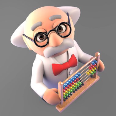 Bir abaküs ile matematik fikirli deli Profesör bilim adamı, 3D illüstrasyon