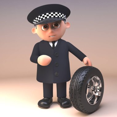 Ciddi polis memuru karakter bir araba lastiği, 3D illüstrasyon sırt derinliği kontrol ediyor