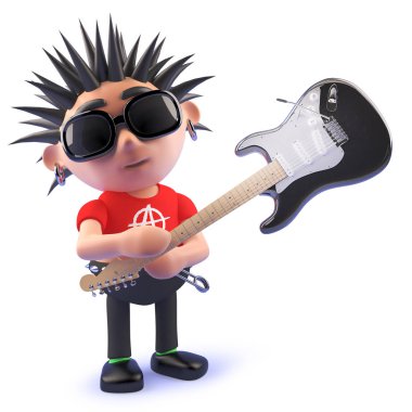 Cartoon punk rocker bir elektrik gitar smashing, 3D illüstrasyon