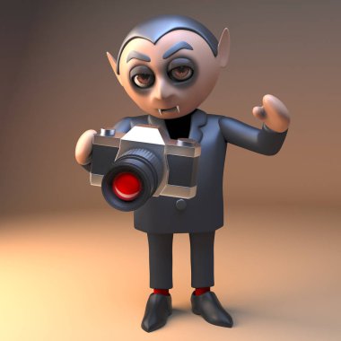 Bir kamera tutan 3D Halloween komik vampir Dracula karakteri, 3D illüstrasyon