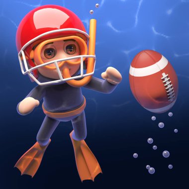 Bir Amerikan futbol topu şnorkel dalgıç önünde yüzeye yüzer, 3D illüstrasyon