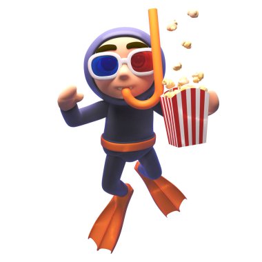 3D yeme Popcorn ve 3D gözlük giyen karikatür Scuba şnorkel dalgıç