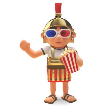 3D gözlük patlamış mısır, 3D illüstrasyon giyen sinemada asil Roma Centurion asker