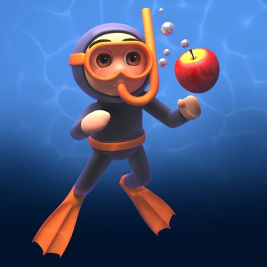 Scuba dalgıçlık suda bir elma izlerken şnorkel giyen, 3D illüstrasyon