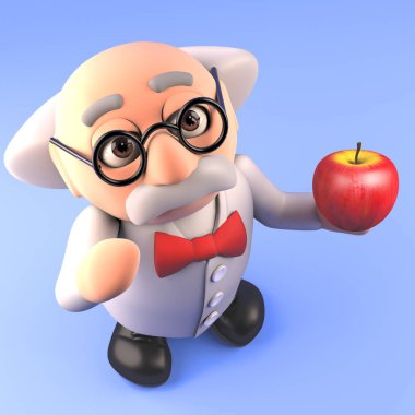 Organik elma tutan karikatür Mad Profesör bilim adamı, 3D illüstrasyon