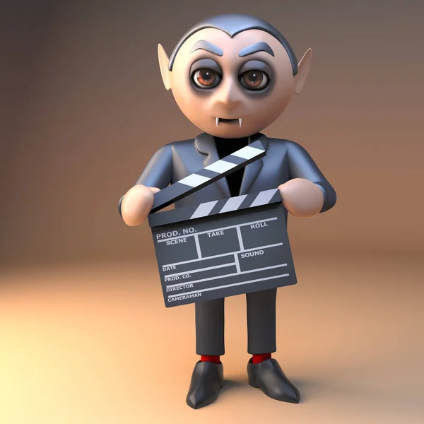 Funny cartoon vampire dracula character in 3d holding a movie makers film slate,3d illustration