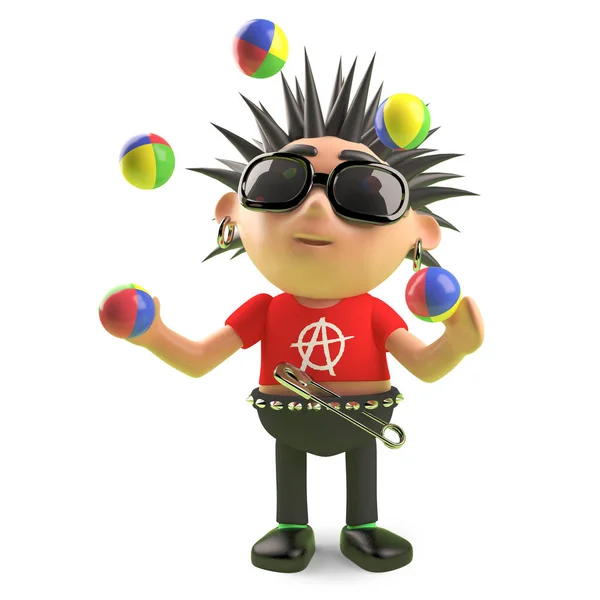 Žonglování punkového kohoutu hraje se svými žonglíčky, 3D ilustrace — Stock fotografie