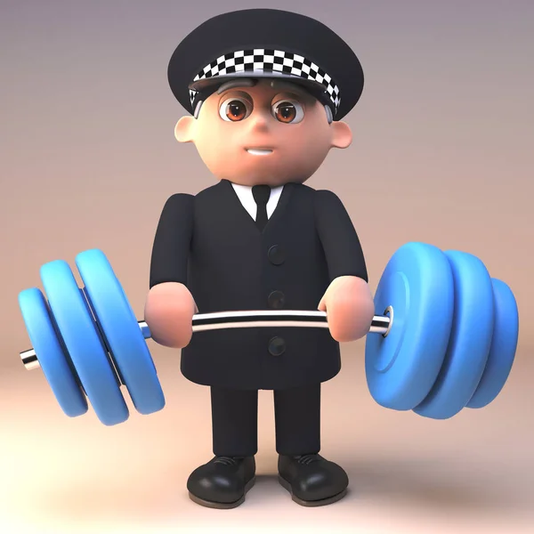 Egészséges rendőr rendőrtiszt 3D-s emelő néhány nehéz súlyok, 3D illusztráció — Stock Fotó