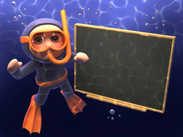 Can the scuba diver teach you something under the sea at his chalkboard? 3d illustration