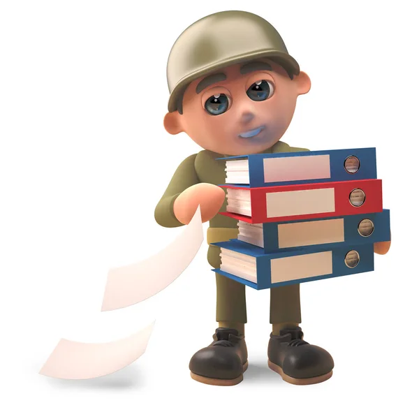 Kreskówka Armia żołnierz utraty plików z jego folderów, ilustracja 3D — Zdjęcie stockowe