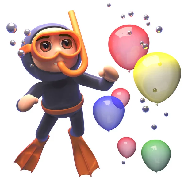 3d мультфильм ныряльщик с маской и трубкой наблюдая воздушные шары плавают мимо — стоковое фото