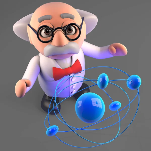 Inquisitive mad scientist professor studies the atom, 3d illustration