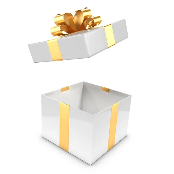 3D fehér és arany ajándékdobozban durran nyitott — Stock Fotó