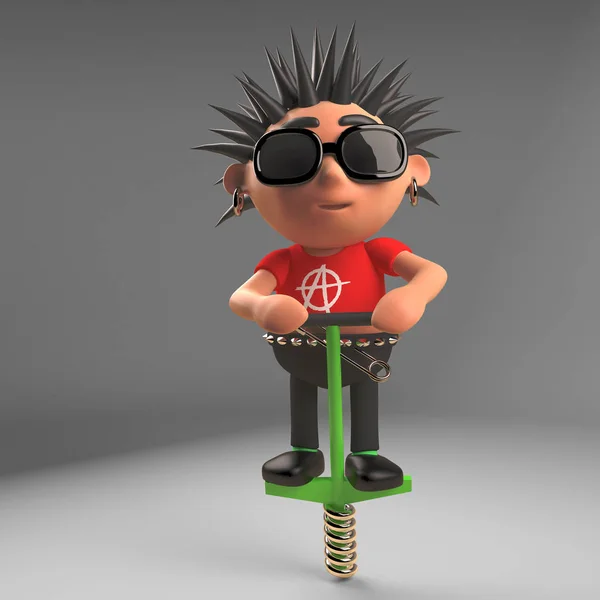 Funny cartoon punk rocker bounces round on his pogo stick, 3d illustration — Stock Photo, Image