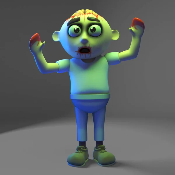 Cartoon undead zombie monster scares himself silly, 3d illustration