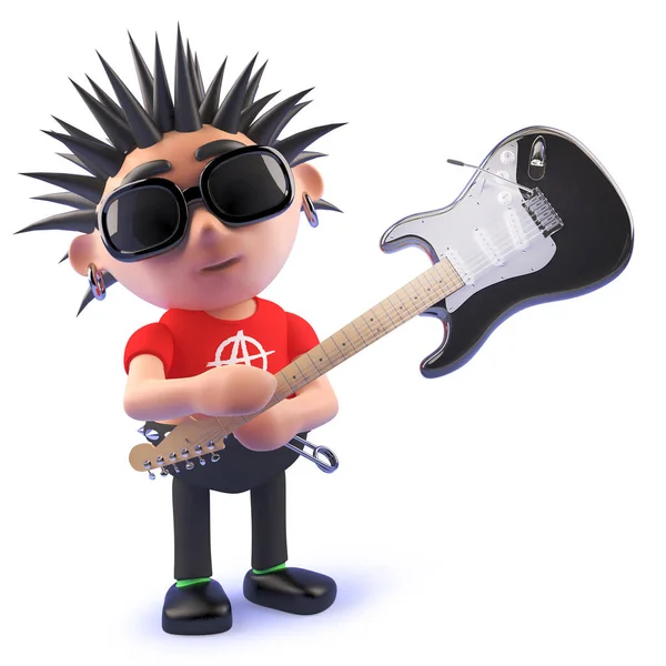 Tecknad punk Rocker Smashing en elgitarr, 3D illustration — Stockfoto