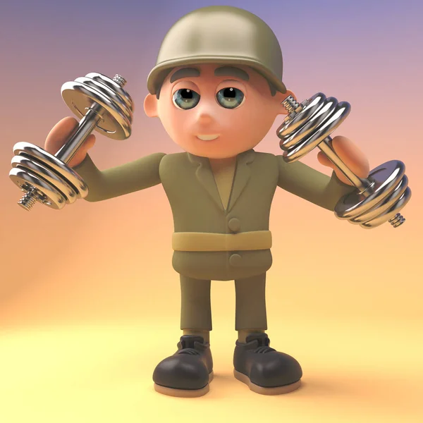 Soldat courageux de l'armée est l'entraînement de poids avec quelques poids, illustration 3D — Photo