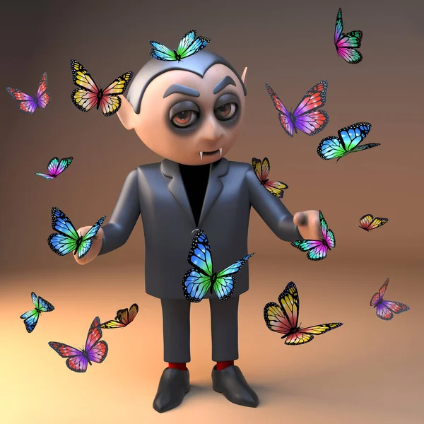 德古拉主吸血鬼字符在3D包围美丽的蝴蝶,3d插图 — 图库照片