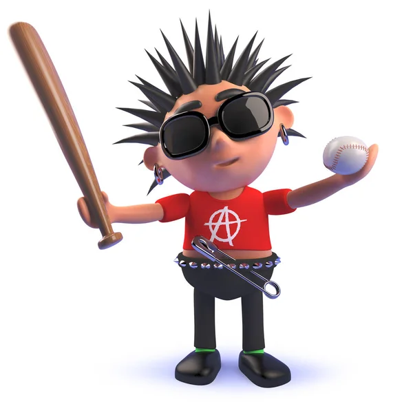3d punk rocker personagem de desenho animado segurando um taco de beisebol e bola — Fotografia de Stock