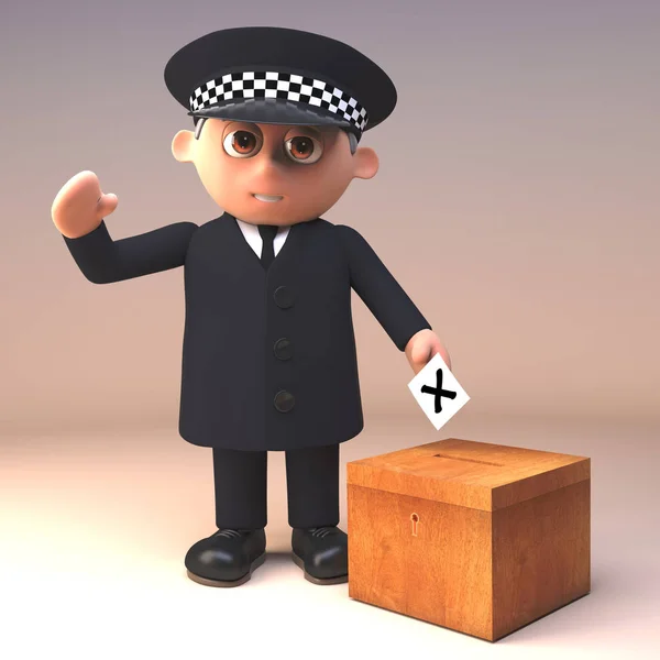 Politieagent in 3D Casting zijn stem in een democratische verkiezing, 3D illustratie — Stockfoto
