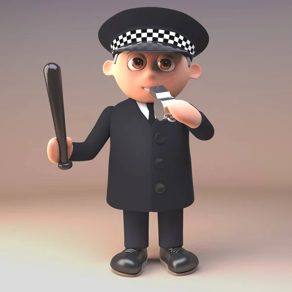 Policial policial em 3d soprando seu apito enquanto empunhando um truncheon, ilustração 3d — Fotografia de Stock
