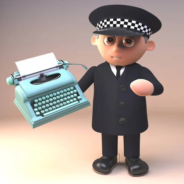 Polisi dalam karakter seragam di 3d memegang mesin ketik tua, ilustrasi 3d — Stok Foto