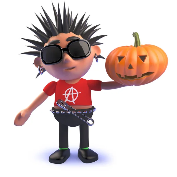 Cartoni animati vizioso personaggio punk rock 3d che tiene una zucca di Halloween — Foto Stock