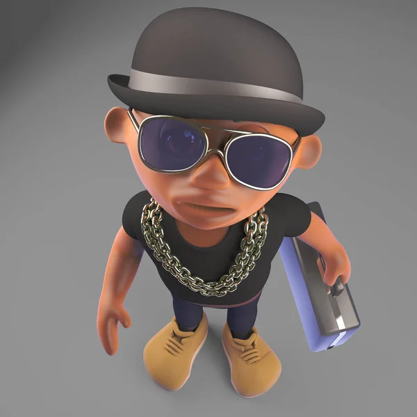 Zwarte hiphop rapper in Bowler Hat houden van een werkmap, 3D-illustratie — Stockfoto