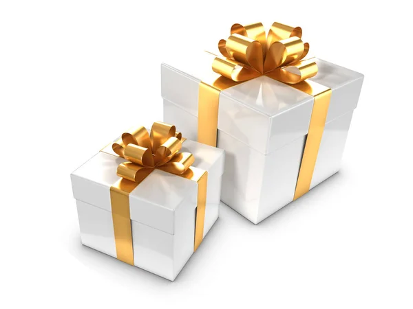 3d zwei weiße und goldene Geschenkboxen — Stockfoto