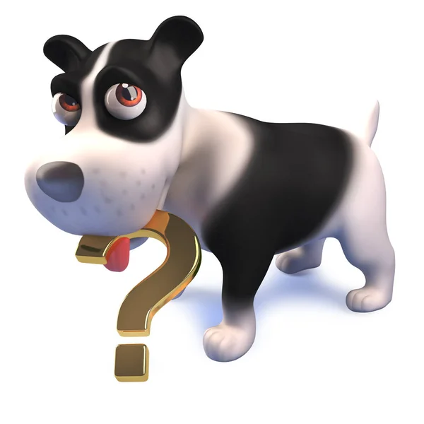 3d cartoon engraçado preto e branco cão segurando um símbolo de ponto de interrogação — Fotografia de Stock