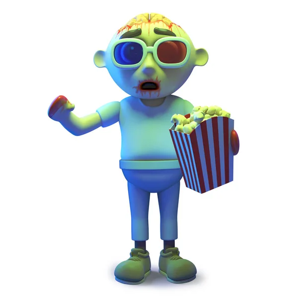 Scary undead zombie monste wearing 3d glasses and eating popcorn, 3d illustration — Stock Photo, Image