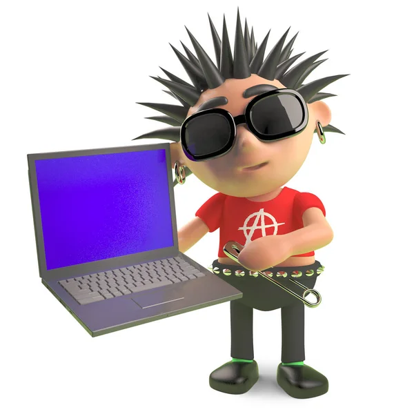 Cartoon vicious spiky punk rocker testing a new laptop computer, 3d illustration — Stock Photo, Image