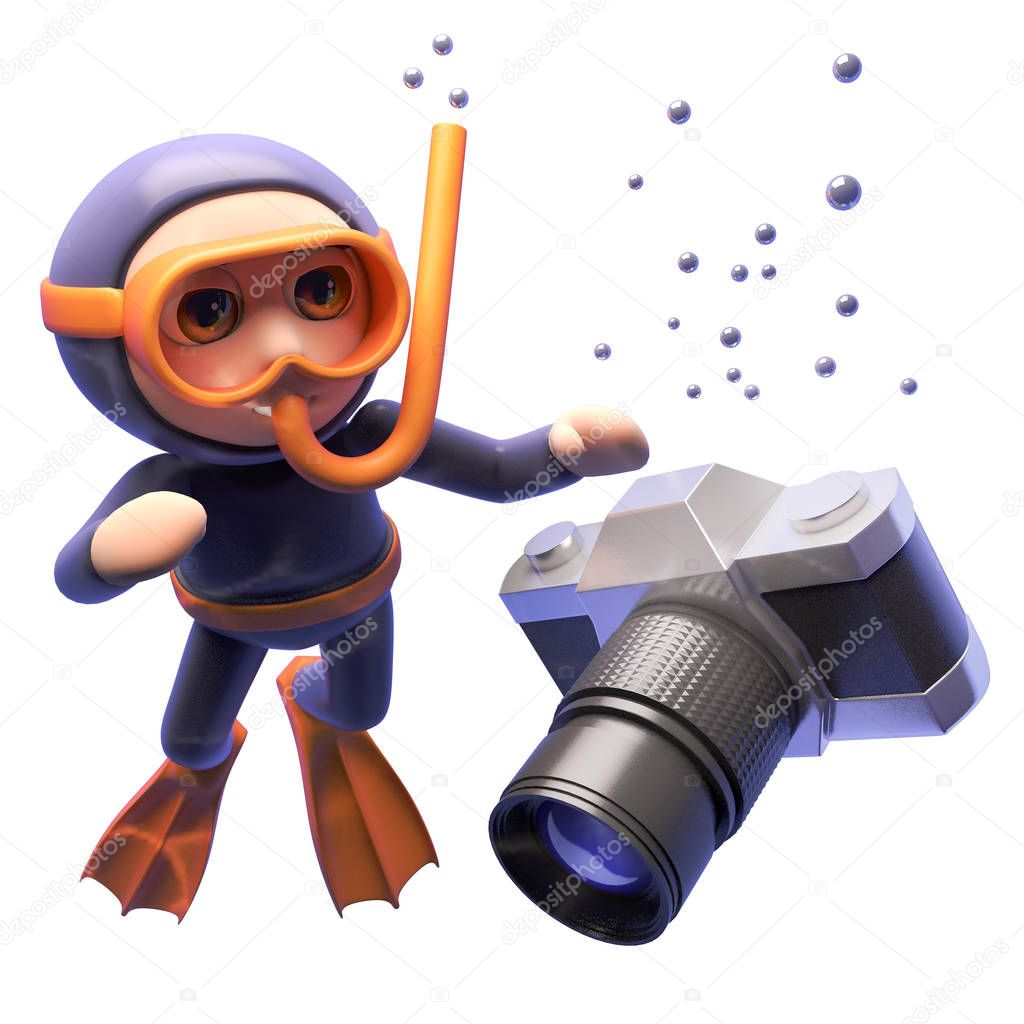 Film camera sinks in the ocean as confused snorkel diver watches, 3d illustration