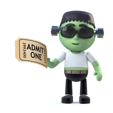 3D komik Halloween Frankenstein canavar karakter göstermek için bir bilet var