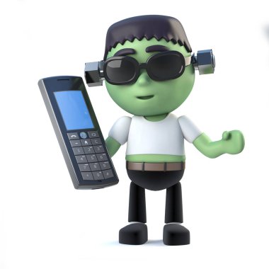 3D çocuk Frankenstein canavar bir cep telefonu tutarak