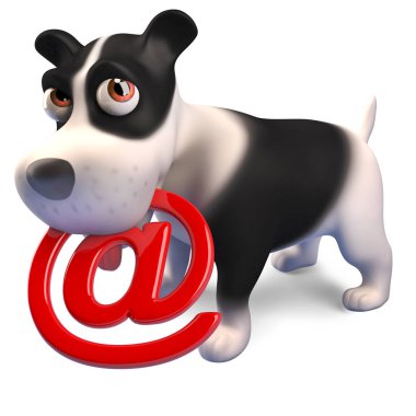 Teknik olarak düşünen köpek yavrusu ağzına bir e-posta sembolü tutan, 3D render