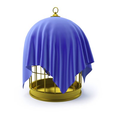 3d Birdcage draped in blue cloth clipart