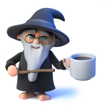 bir fincan kahve için 3D komik karikatür sihirbaz büyücü noktaları