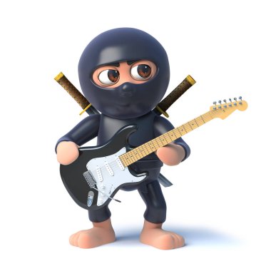 3D komik karikatür Ninja suikastçı karakter bir elektrik gitar oynuyor