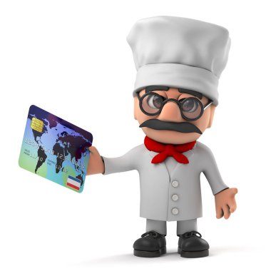 3D karikatür Italyan pizza şefi karakter bir banka kartı ile öder