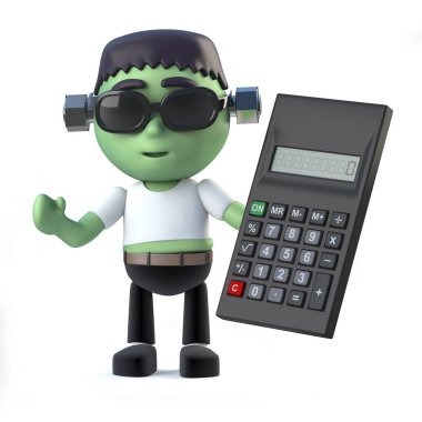 3D sevimli Frankenstein canavar bir hesap makinesi üzerinde matematik yapar