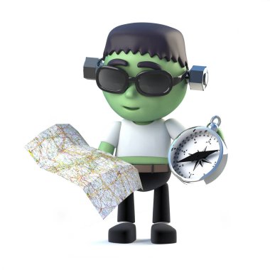 3D çocuk Frankenstein canavar grafik ve pusula ile gider