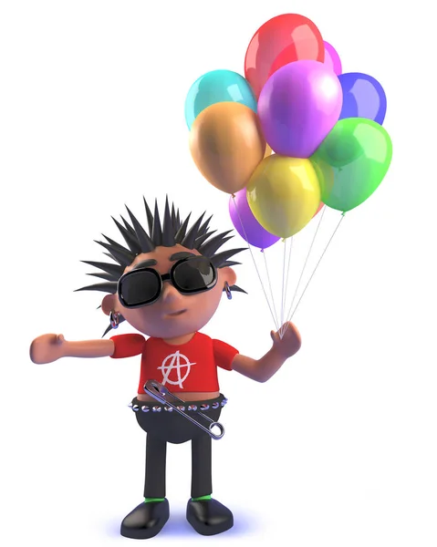 Punk rockový 3D kluk držící hromadu barevných balónků — Stock fotografie